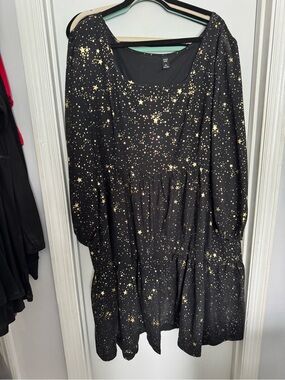 Black Star Print Babydoll Dress - Gold Stars